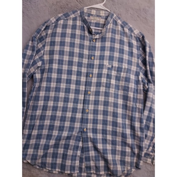 Vintage Guess Shirt Mens Large Band Collar Blue Plaid Made USA Poet Preppy 90s - Picture 1 of 8